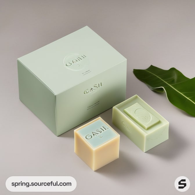 Light green soap box and bar with leaf, on gray background.