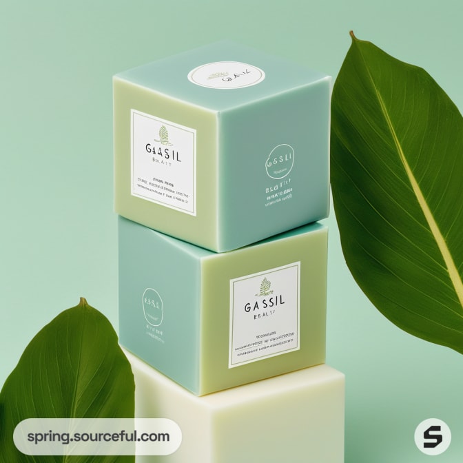 Two stacked boxes with leaf designs against a green background.