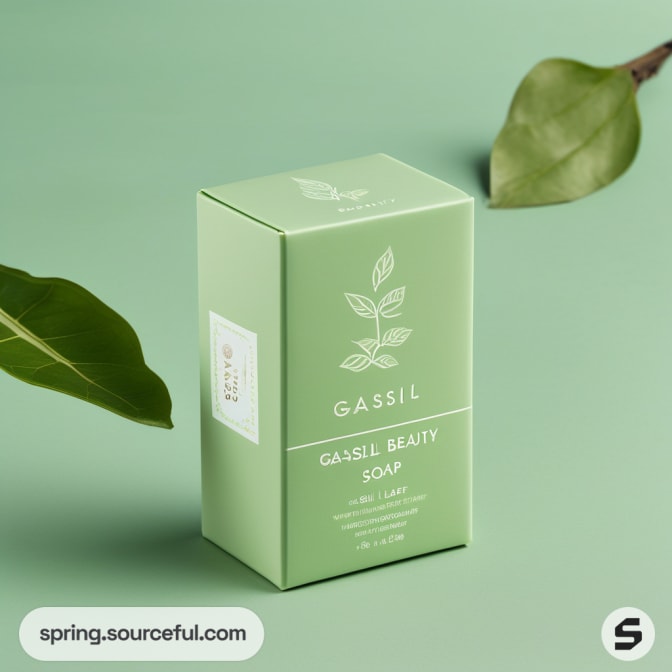 Green soap box with plant design and leaves on a green background.
