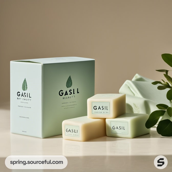 Soap bars and green box with leafy backdrop on a beige surface.