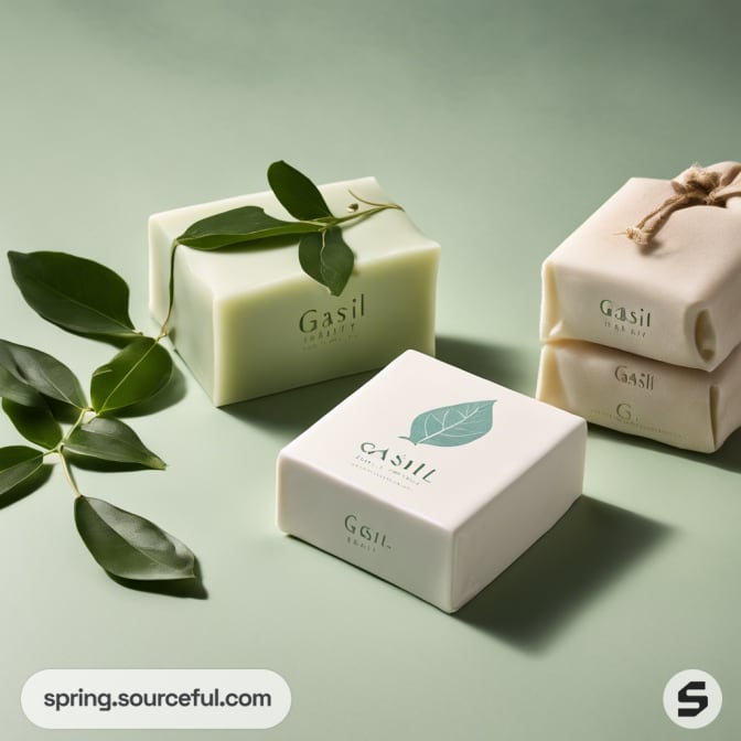 Three soap bars with leaves on a pale green background.