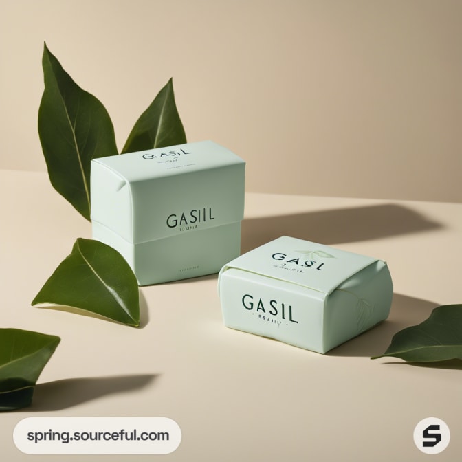 Two pastel boxes with leaves on a beige background.