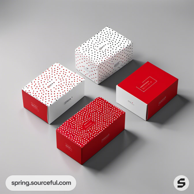 Small red and white boxes with dotted patterns.