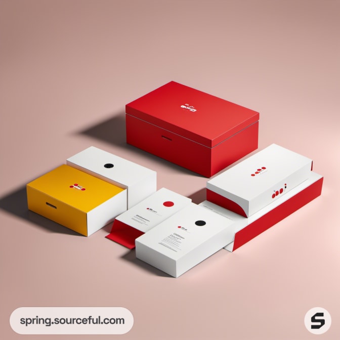 Red boxes with white lids and packaging on a beige background.