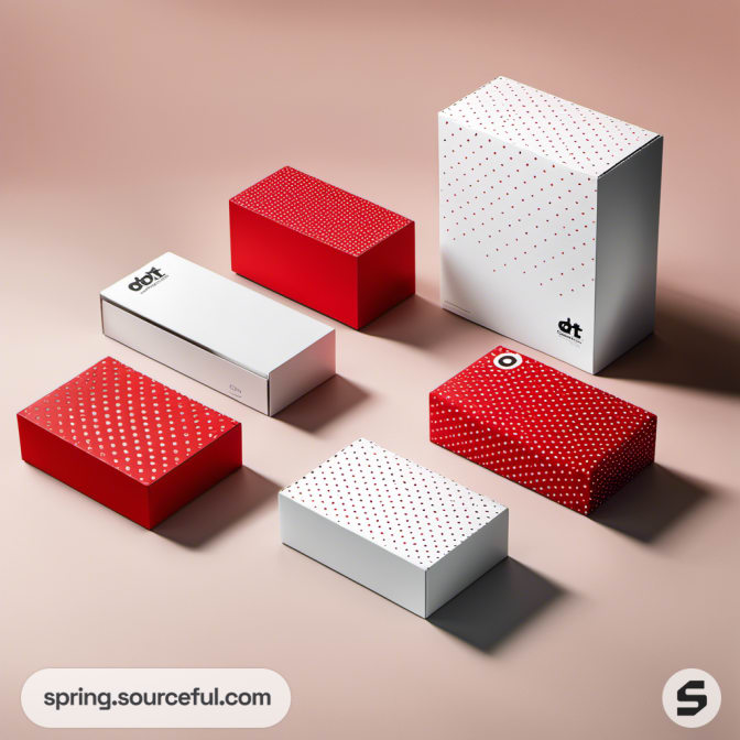 Assorted red and white boxes with dot patterns on a beige surface.