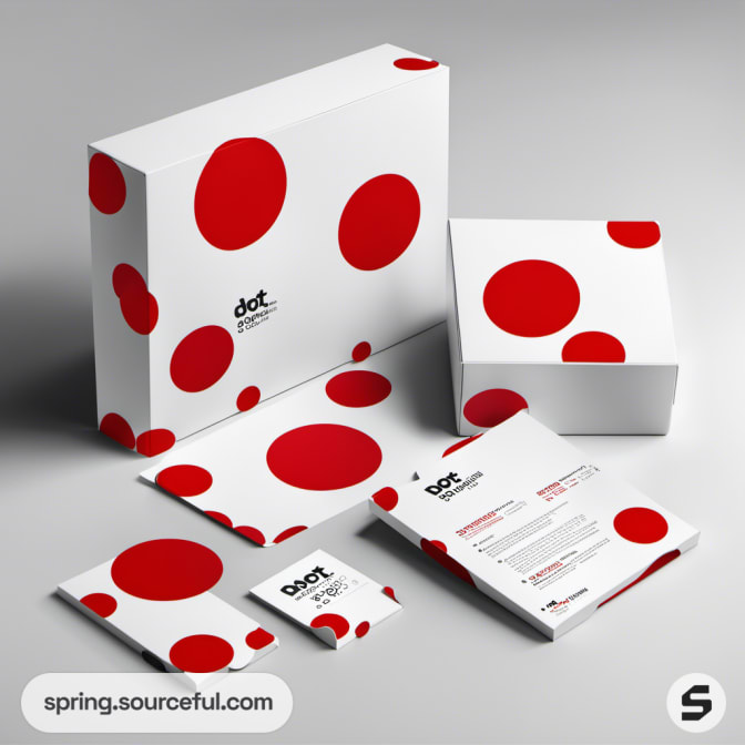 White packaging with red dots and matching materials.