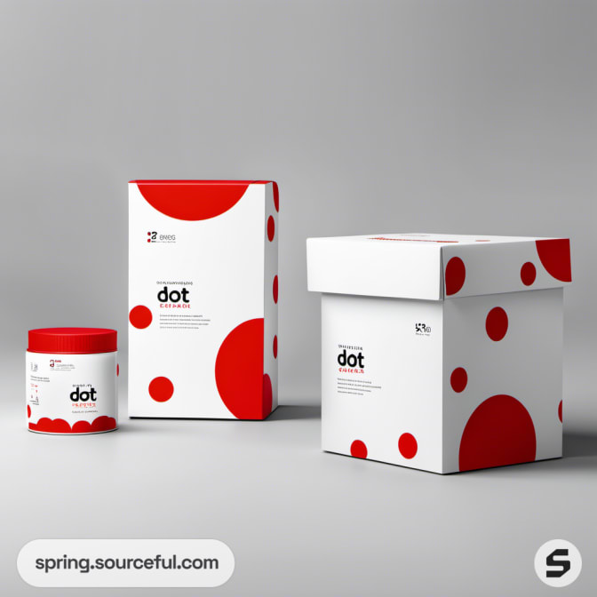 Packaging boxes and jar with large red dots.