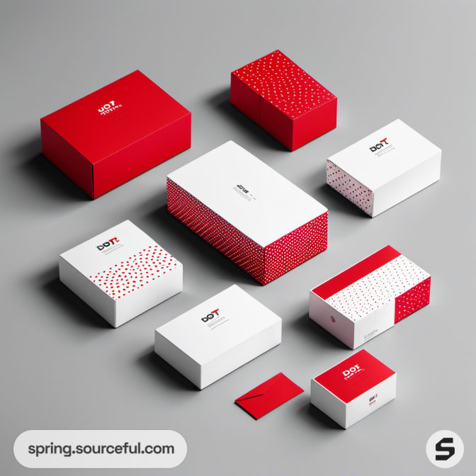 Red and white boxes with various dot and strip designs.