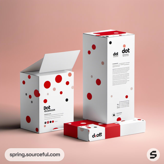 Tall packaging with red dots on a beige backdrop.