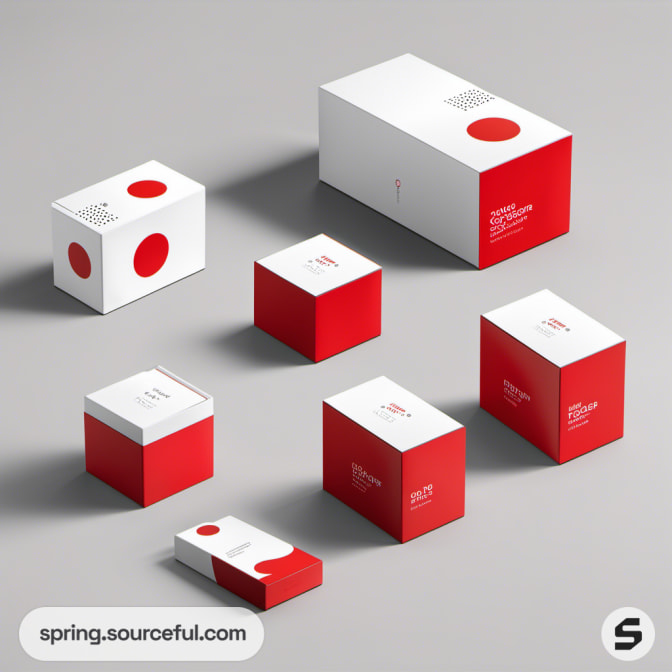 Red and white geometric boxes with minimal designs.