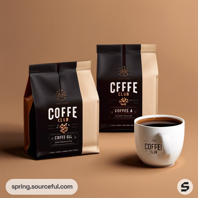 Black and beige coffee bags with a white mug on a brown background.