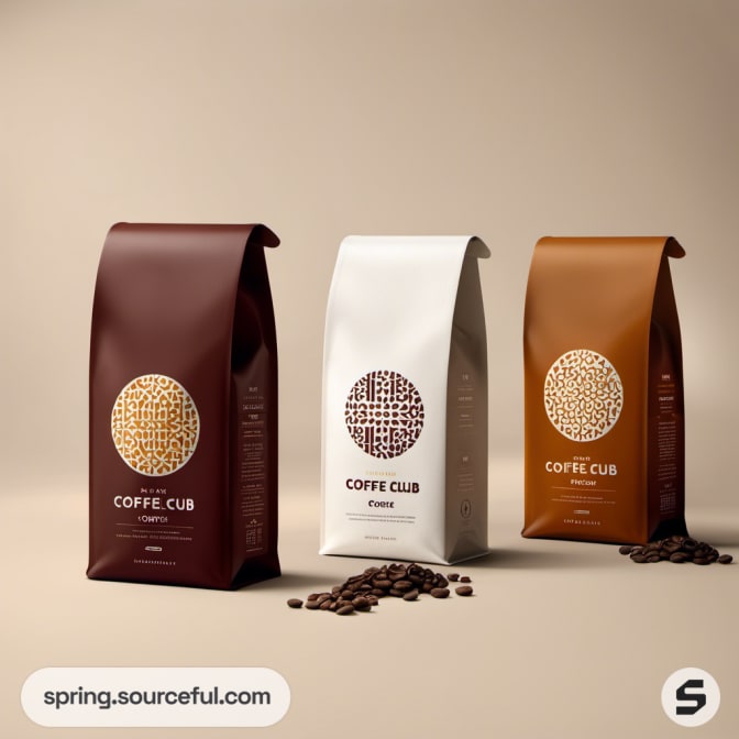 Three coffee bags in brown, white, and tan with scattered coffee beans.