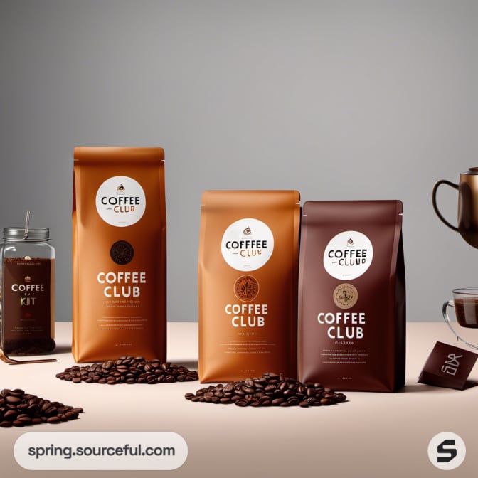 Three sizes of coffee bags with coffee beans and a glass coffee pot.