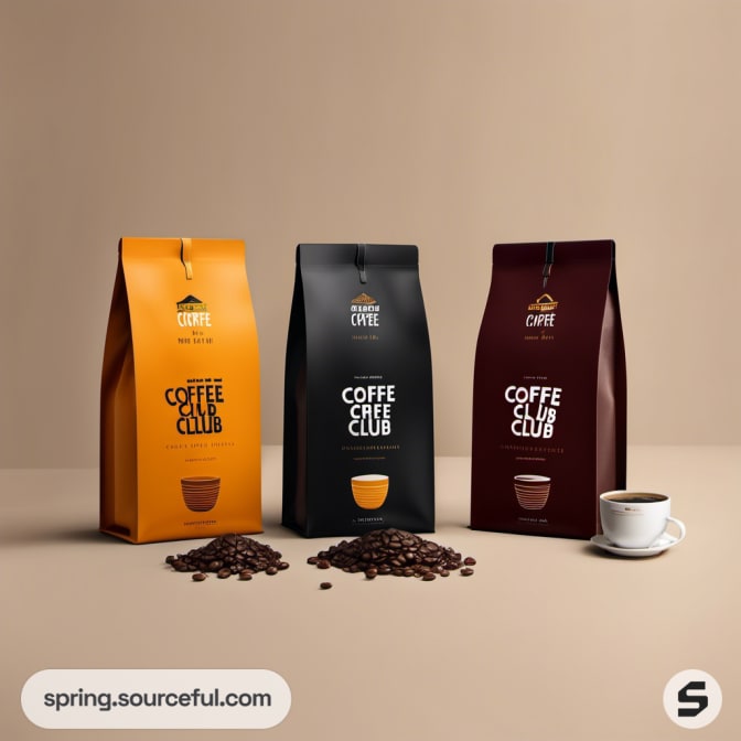 Orange, black, and brown coffee bags with a cup on a brown backdrop.