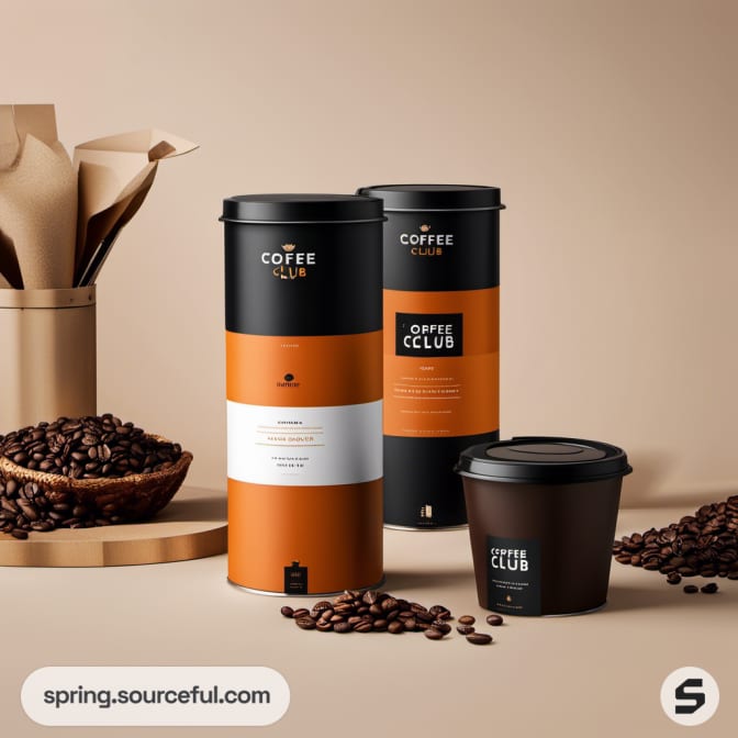Tall cylindrical coffee canisters with scattered beans on a beige background.