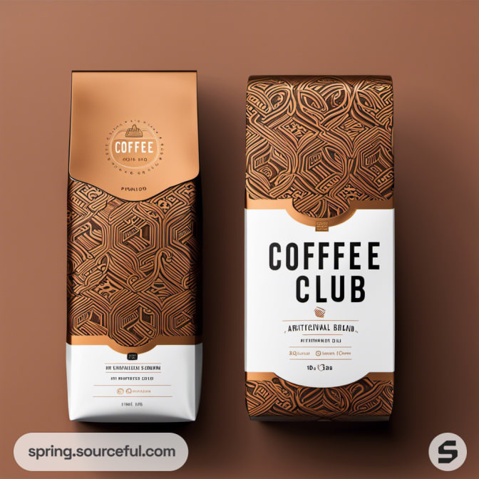 Coffee bag with detailed patterning in copper and white.