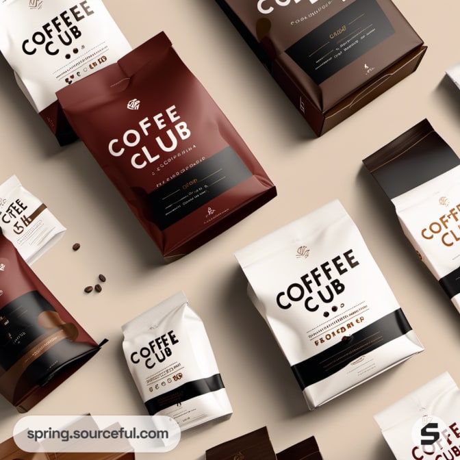 Assorted coffee bags in various sizes and colors on a light background.