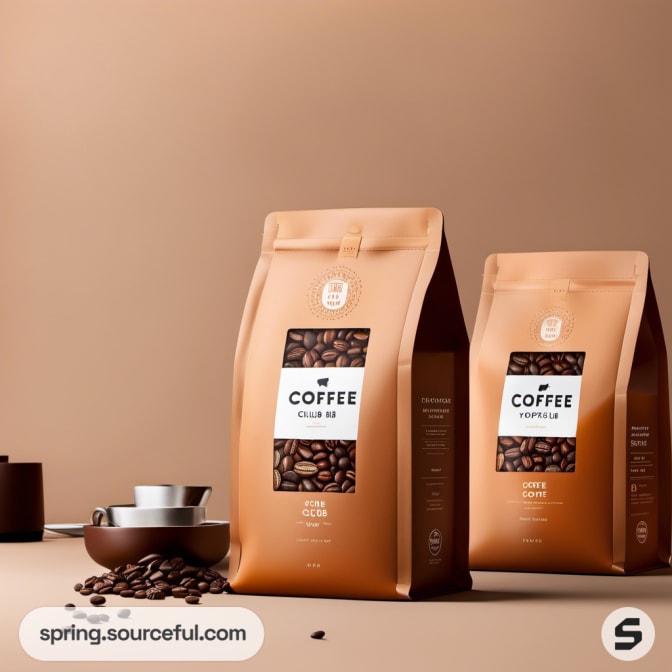 Golden coffee bags with coffee beans and a small cup on a brown setting.