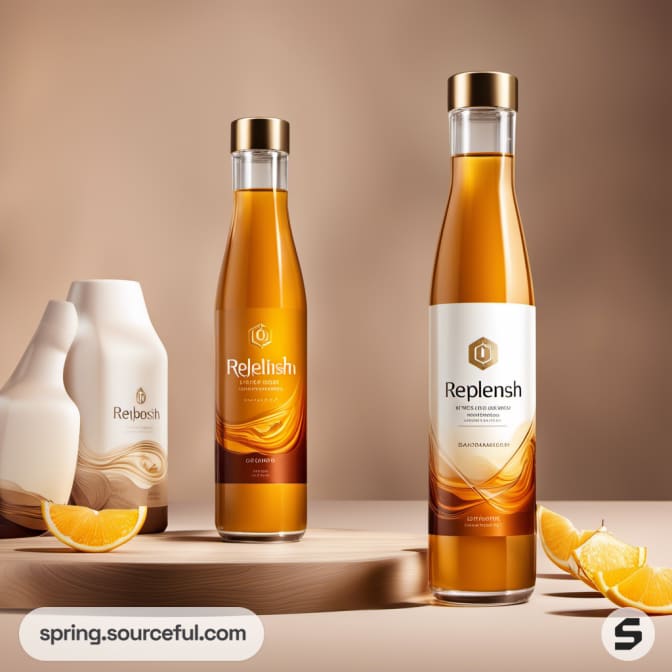 Clear glass bottles with orange liquid and white labeling, citrus slices nearby, on a beige background.