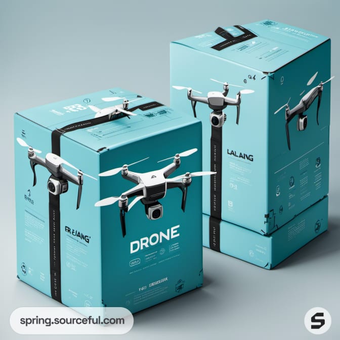 Tall teal boxes featuring drone images with black straps.