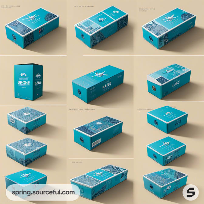 Grid of teal drone boxes on beige background.