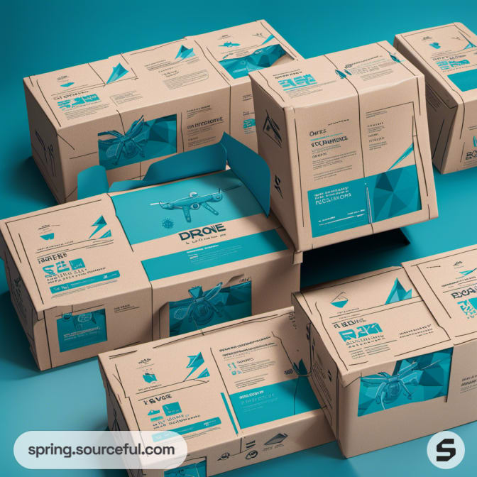 Stacked kraft drone boxes with teal accents on teal background.