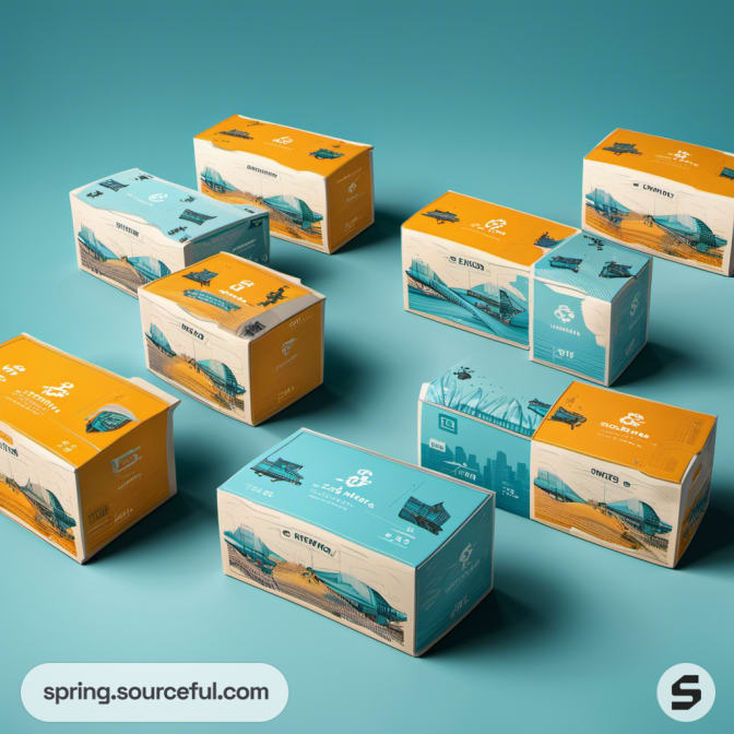 Colorful boxes with orange and teal featuring drone images.