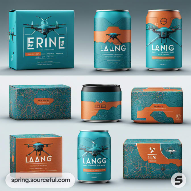 Teal and orange cans and boxes with drone designs.