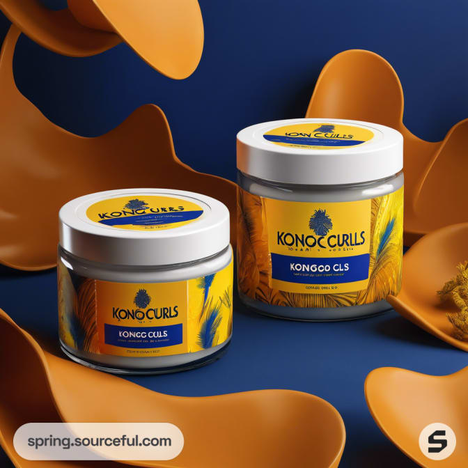 Two jars of hair product with yellow labels on a blue background.