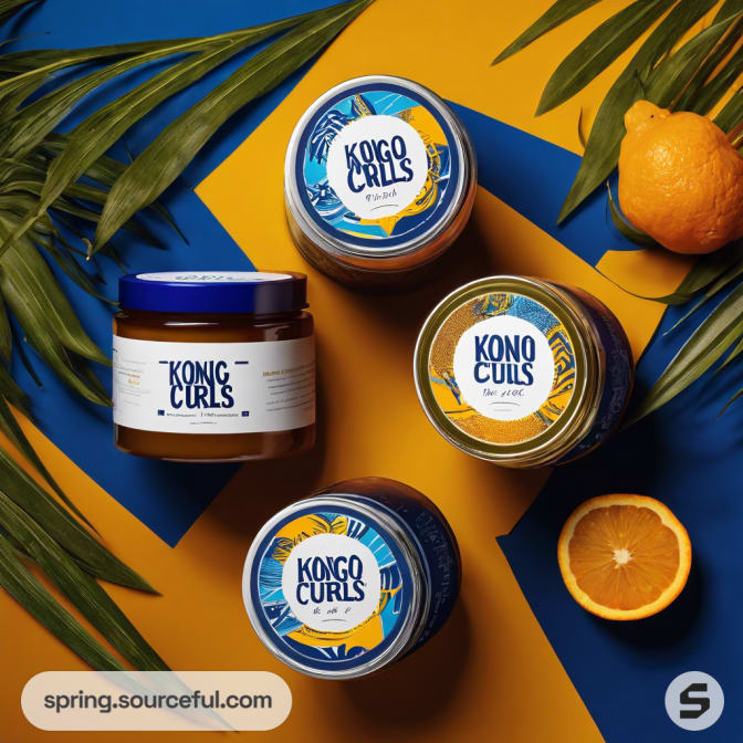 Four jars of hair product with blue and yellow labels on a vibrant surface.