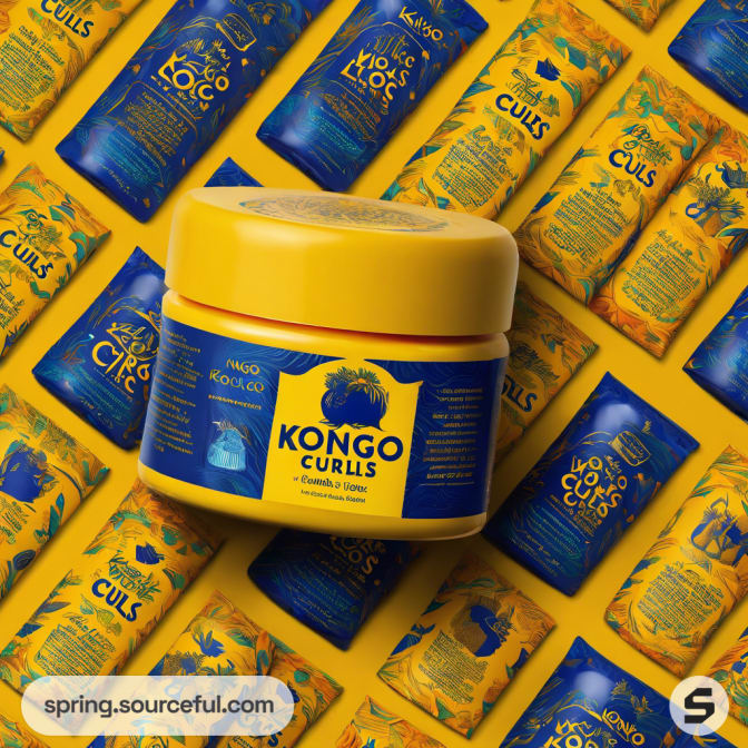 Yellow jar of hair product with blue label surrounded by repeated packaging.