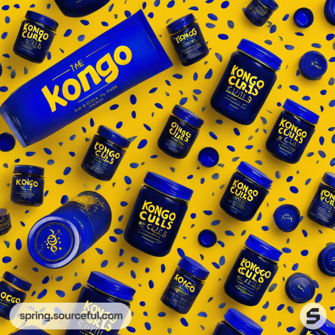 Multiple blue jars and a tube with yellow text on a yellow background.