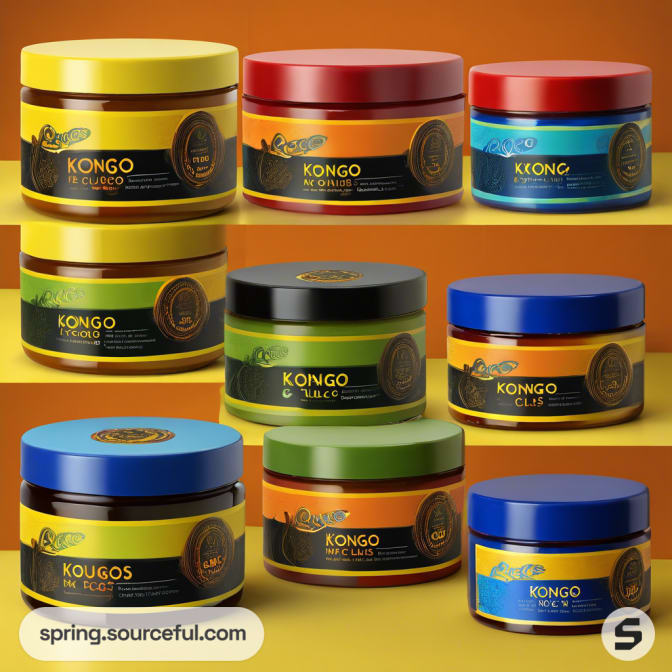 Nine jars of hair product with varied colored lids on a warm background.