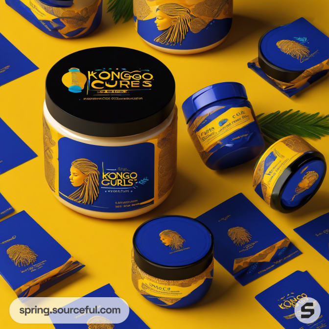 Close-up of blue and yellow jars and sachets on a yellow surface.