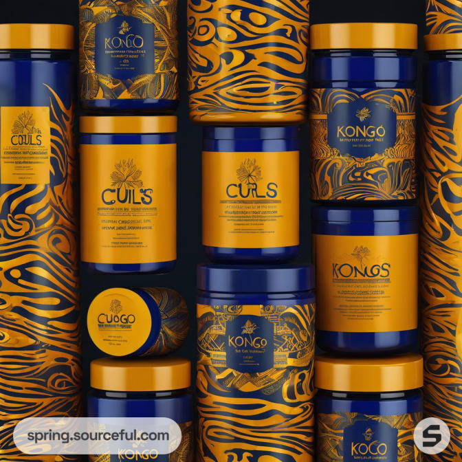 Blue and yellow jars with ornate patterns and bold logos.