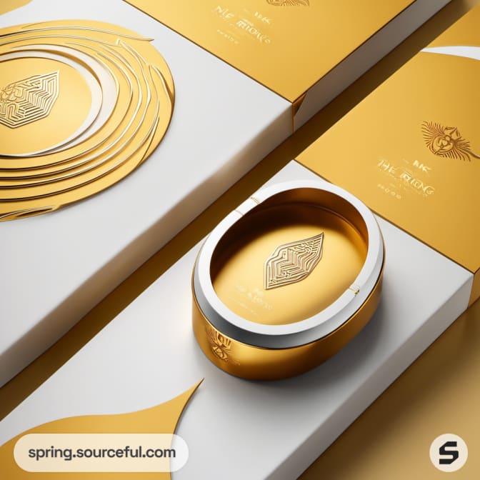 Golden oval packaging with layered design.