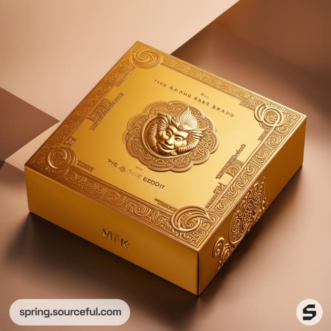 Decorative gold gift box with artistic detailing.