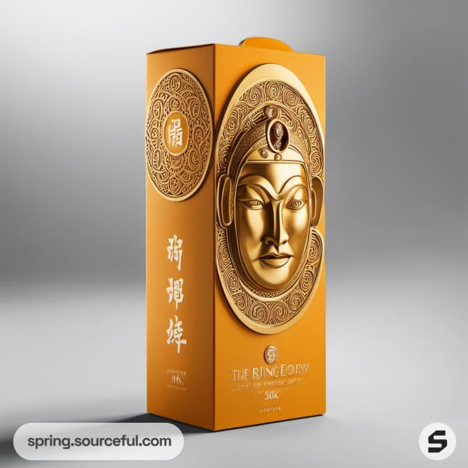 Golden tall box with an intricate face design.