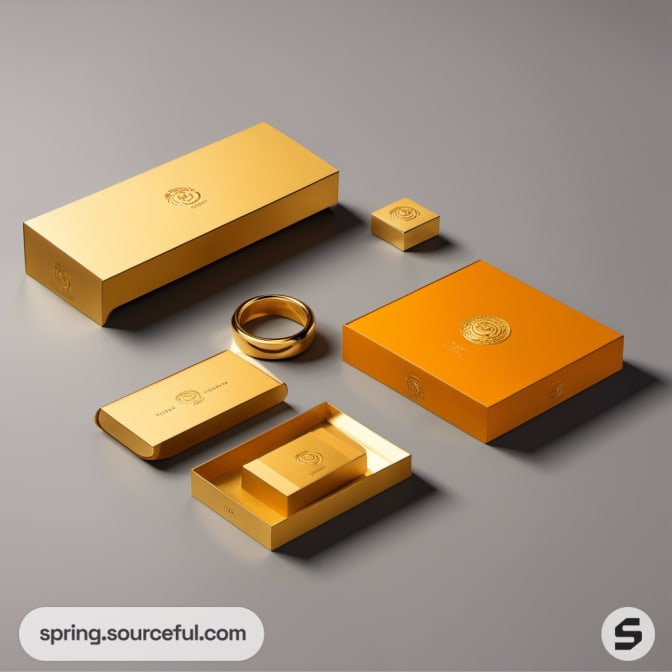 Assortment of gold packaging boxes and ring.