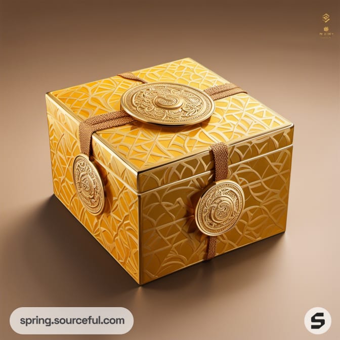 Gold box with embossed patterns and medallion.