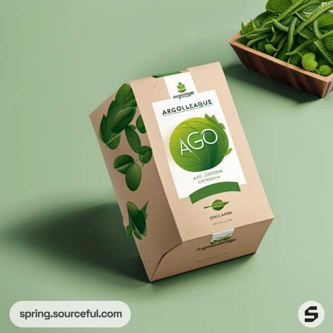 Eco-friendly box with green leaf design and white label on a green background.