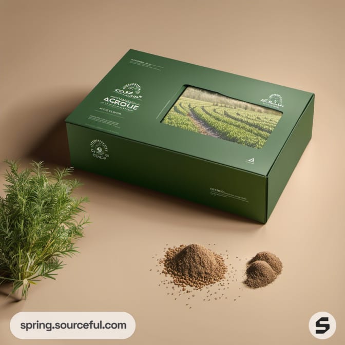 Green agricultural box with window displaying a field image and rosemary beside it.