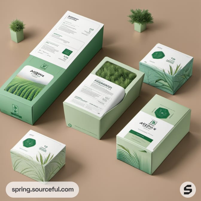 Set of green and beige boxes with agricultural designs on beige surface.