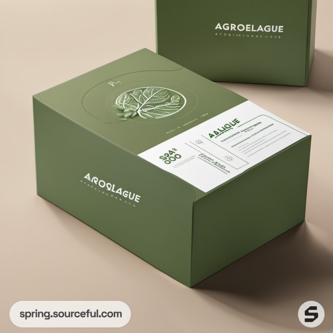 Green box with leaf illustration and white label on beige background.