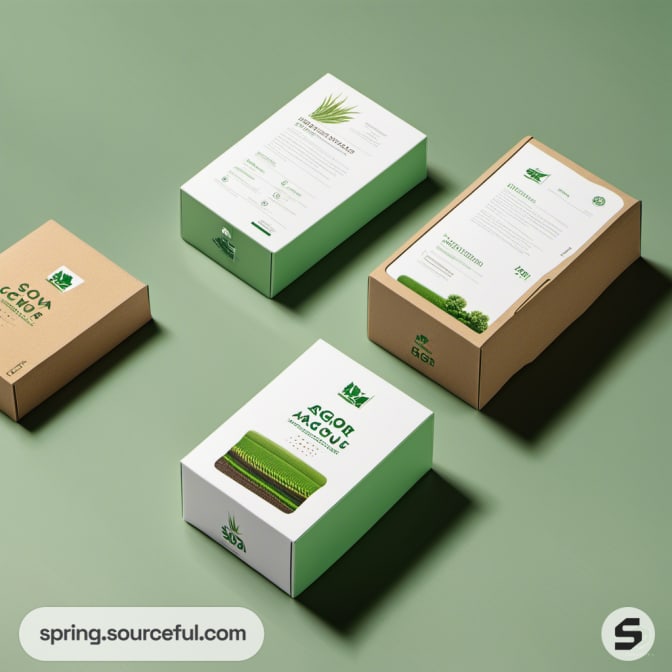 Assorted green and beige agricultural boxes with plant images on green background.