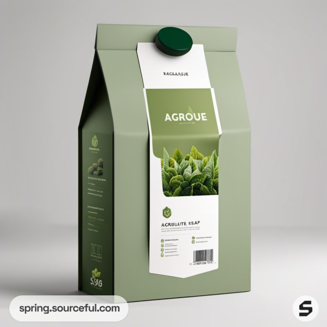 Green and white container with plant image and black cap on gray background.