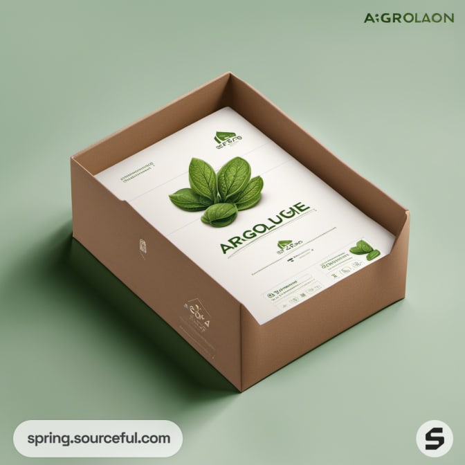 Brown box with green leaf design and white label on a mint green background.
