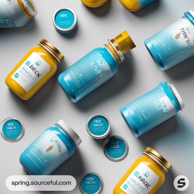 Assorted supplement jars with blue and yellow labels on a white background.