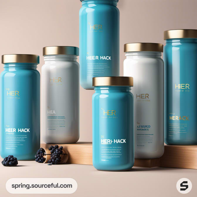 Tall blue and silver jars with gold lids on a wooden shelf.