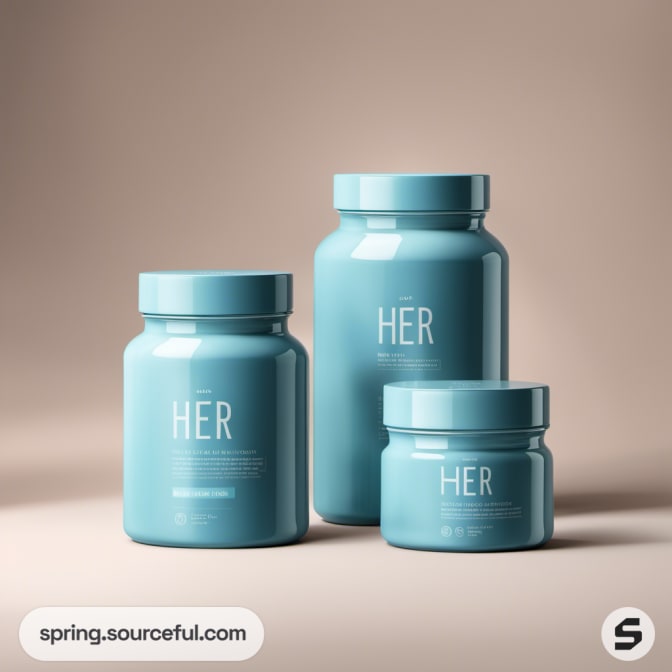 Three blue jars labeled 'HER' in various sizes on a tan background.